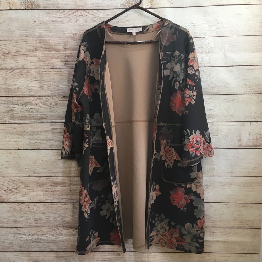 PHILOSOPHY REPUBLIC GARDEN FLORAL DUSTER IN FAUX LEATHER‎